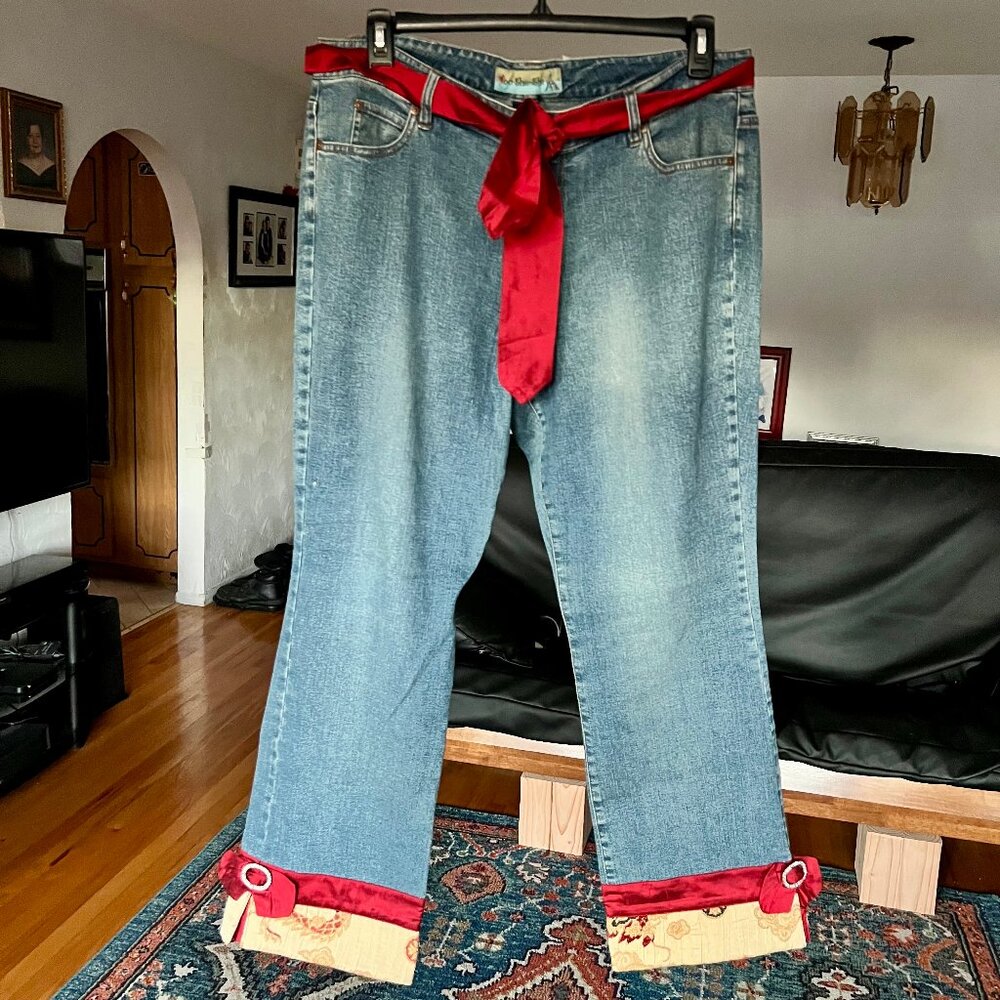 TOO-SHE-SHE Embellished Red Satin Hem w/ Rhinestones & Sash Stretch JEANS Sz. 16